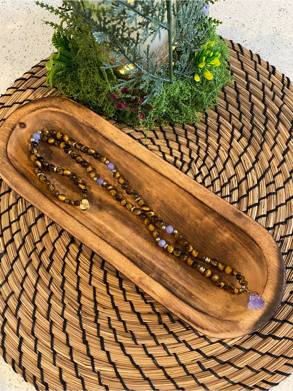 Handmade Tiger Eye and Raw Amethyst Beaded Necklace - Unisex